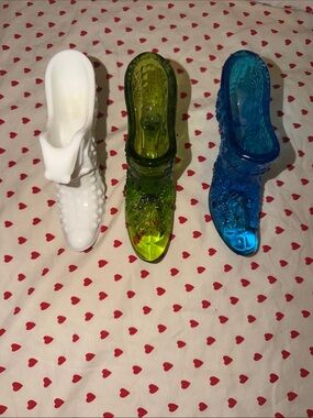 SET OF 3 Decorative Glass Shoe Figurines - White, Green, Blue